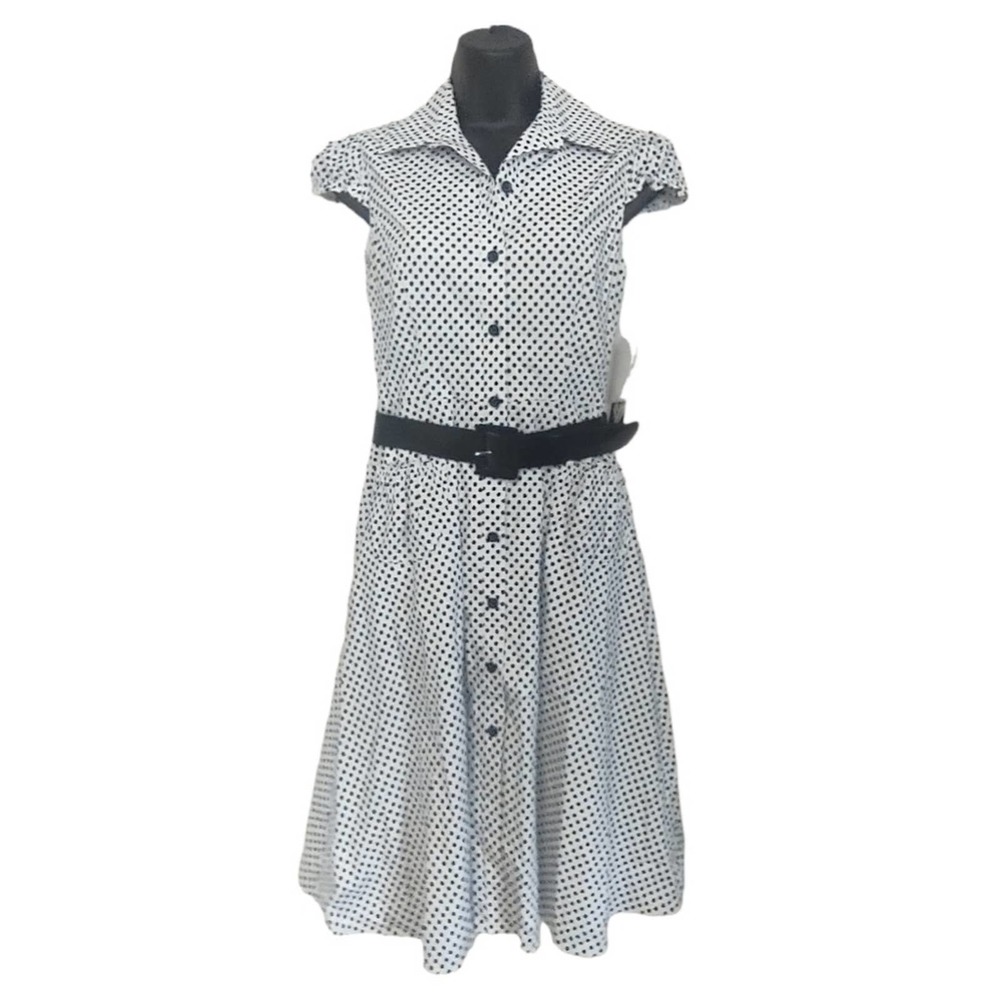 Nine West Daisy Dot Belted Cotton Button Dress 2 Retro Black White